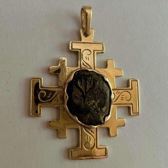 14k Gold Ancient Widow’s Mite coin pendant holy land Jerusalem BCE - Picture 3 of 14